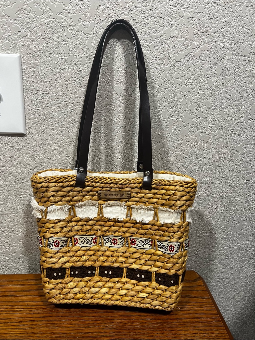 Roxy Woven Small Straw Tote Bag with Brown Handles - Natural